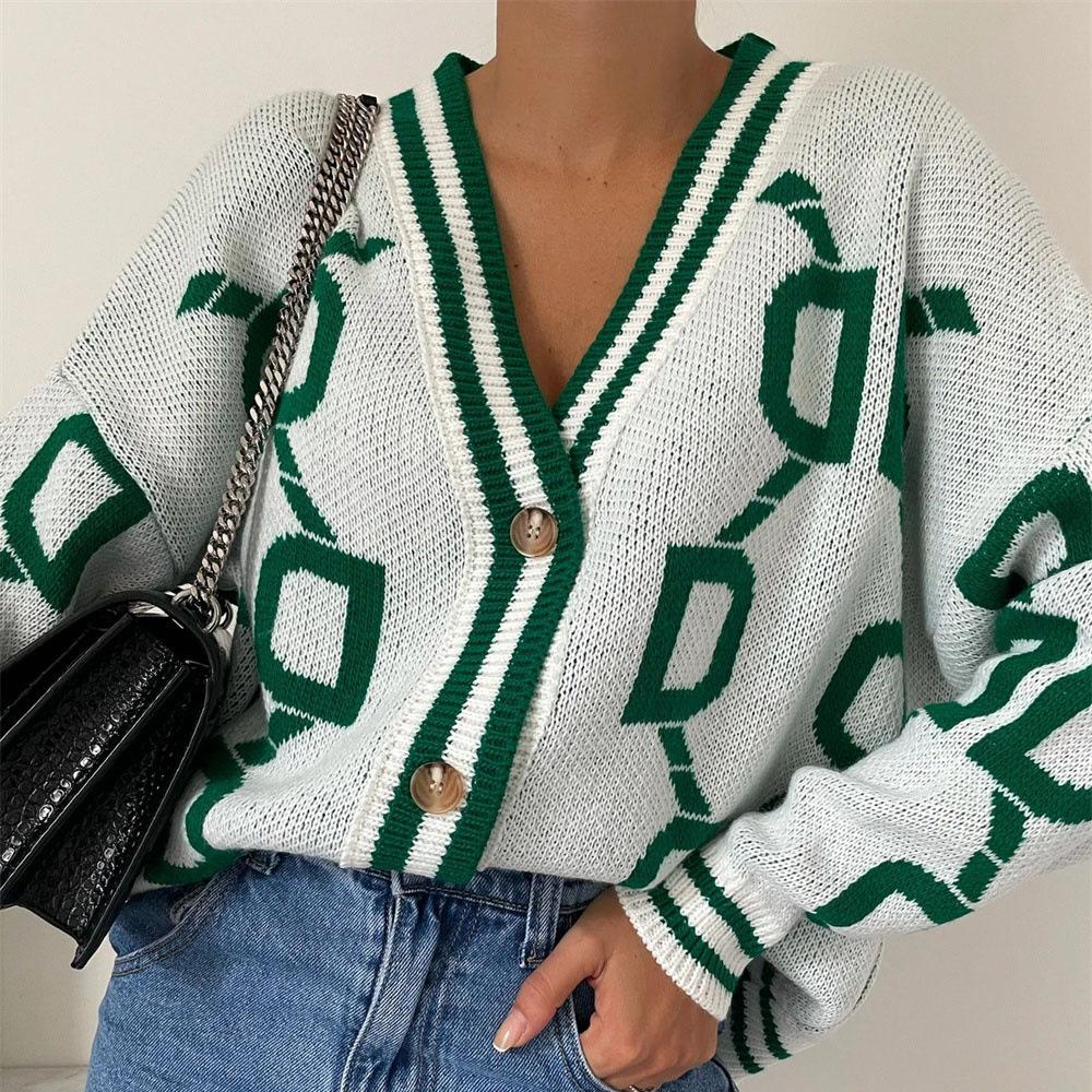 Women Autumn Winter Vintage Loose Long Sleeve Top Multicolor Cardigan Knitwear V-Neck Single Breasted Buckle Sweater Jacket
