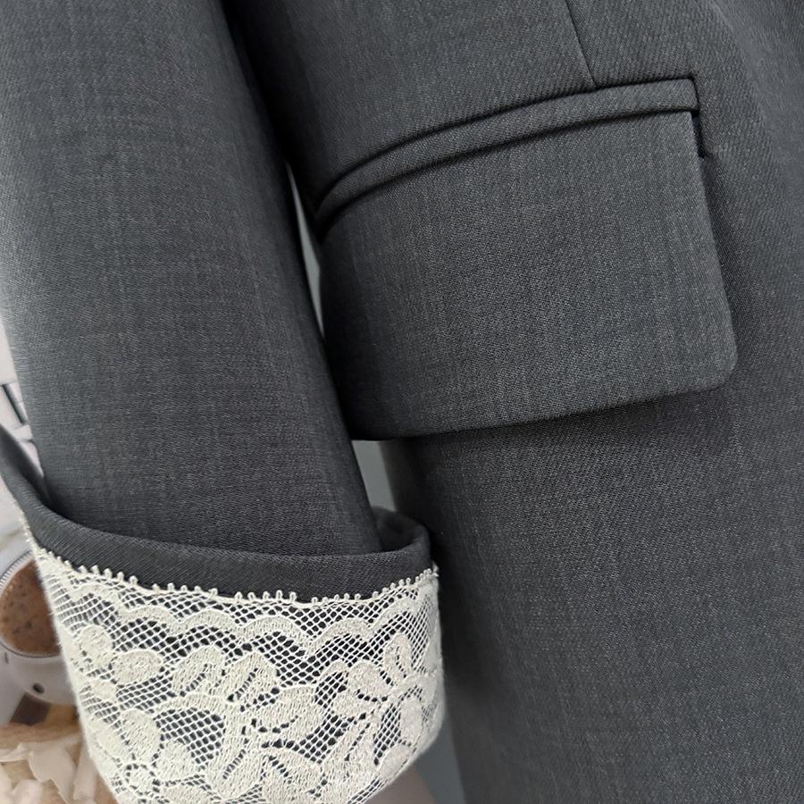 Серый женский пиджак высокого качества с кружевными манжетами, весна/осень 2025, стиль интернет-знаменитости