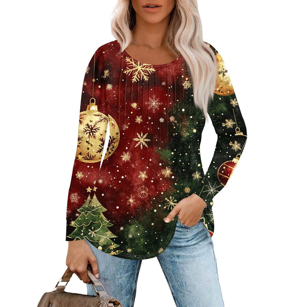 Женская повседневная футболка с круглым вырезом и длинными рукавами с рождественским принтом и складками