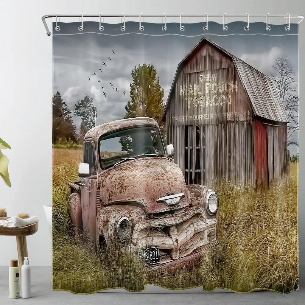 Rustic Shower Curtain Old Wooden Barn with Rusted Tractor Hillside Wooden Fence and Trees Cloth Fabric Bathroom Decor with Hooks