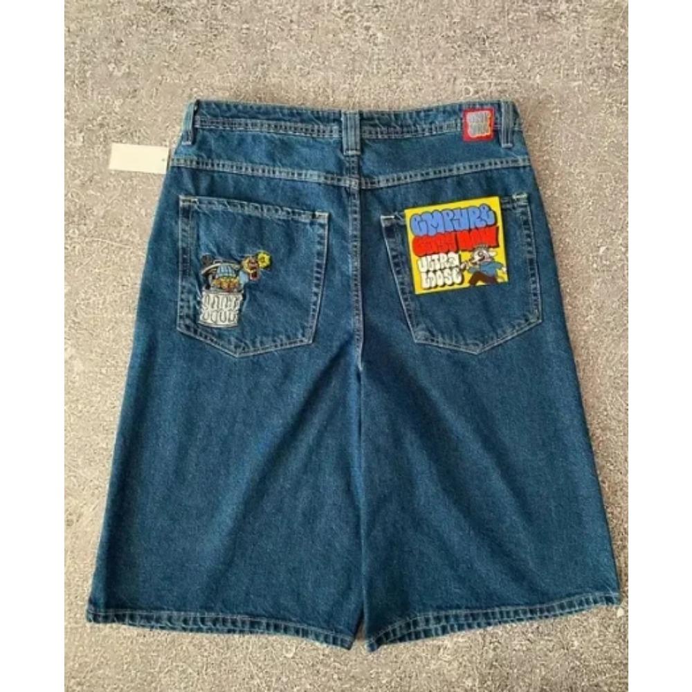 Уличные джинсы, новые модные свободные джинсовые шорты с вышивкой, мужские шорты Y2K Harajuku Retro, популярные повседневные шорты с высокой талией