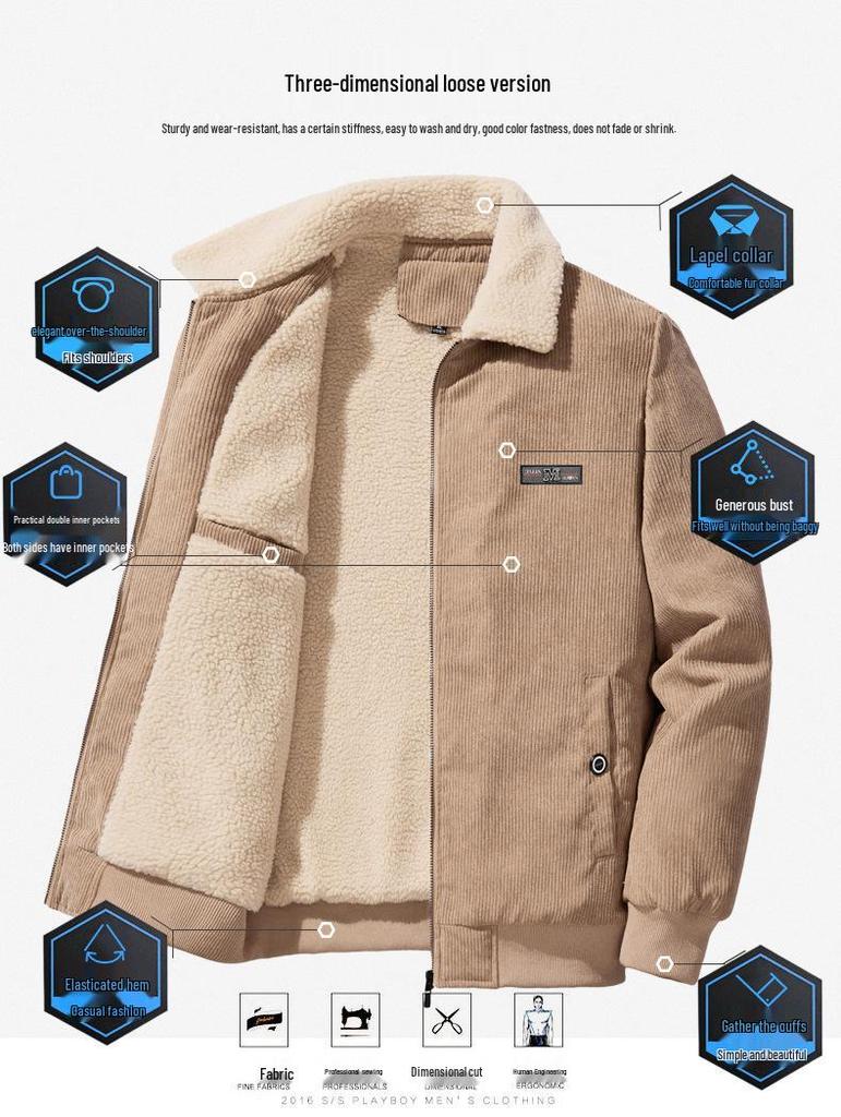 Мужская зимняя вельветовая куртка с бархатом, овчиной и воротником-стойкой - трендовая и теплая модная одежда для повседневной носки