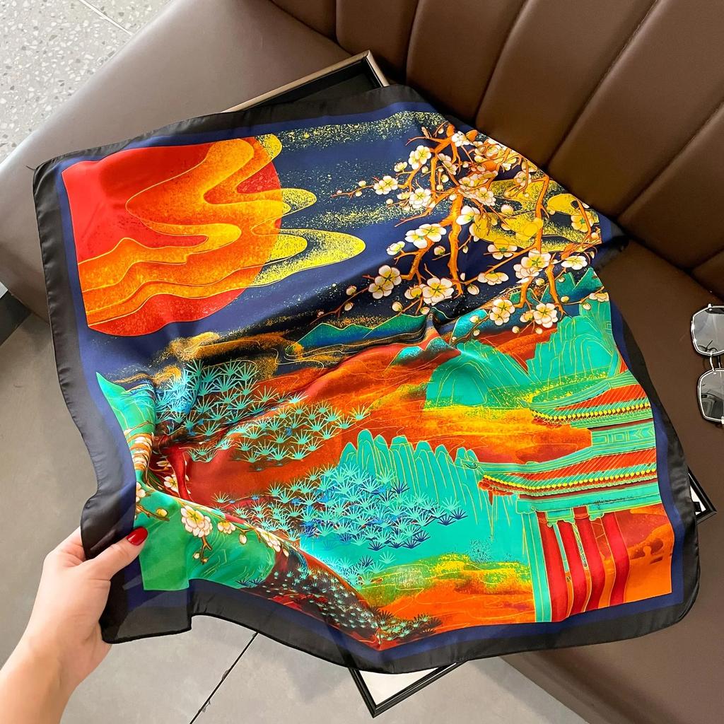 Plaid Silk Square Scarf Women Satin Shawl Wrap Hijab Female Hair Band Wrist Luxury Headkerchief 70*70cm Echarpe Bandana