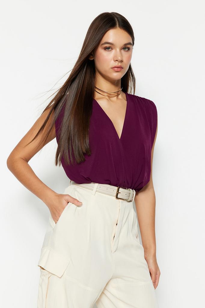 Women's Fashion New Bodysuit Emerald Padded Double Breasted Collar Flexible Snap Fastener Knitted Bodysuit