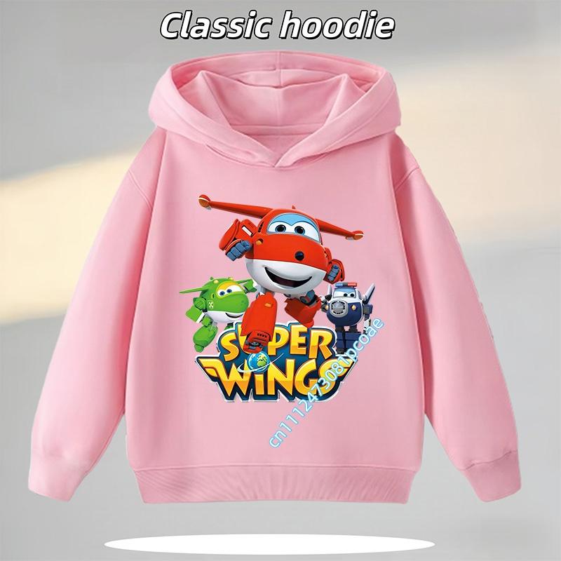 Super Wings Boys' Sports Shirt, Girls' Casual Top, Children's Hooded Sweatshirt, Cartoon Print, Autumn/Winter Long-Sleeve