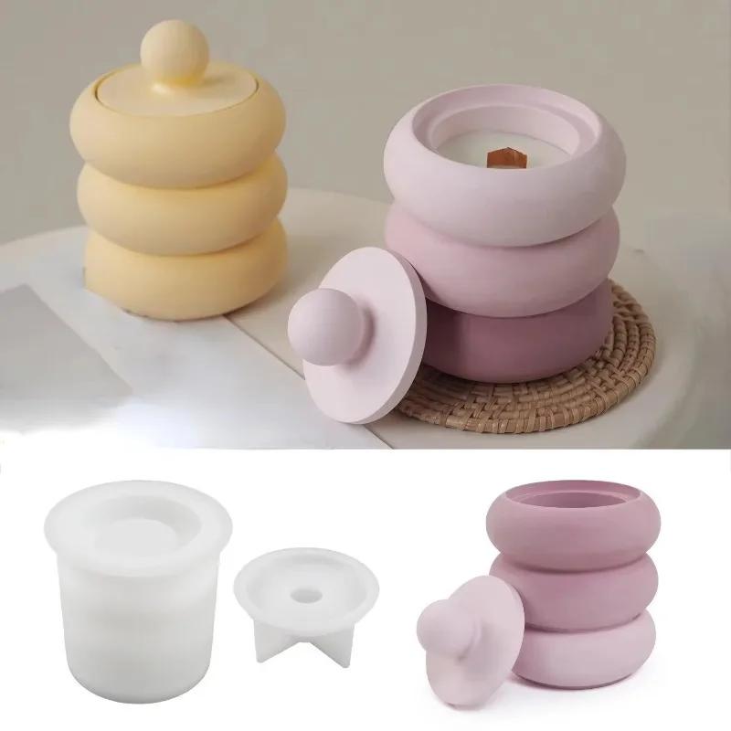 Candle Jar Silicone Molds With Lid DIY Round Storage Box Minimalist Style Concrete Plaster Resin Mould Home Decor Candle Vessel