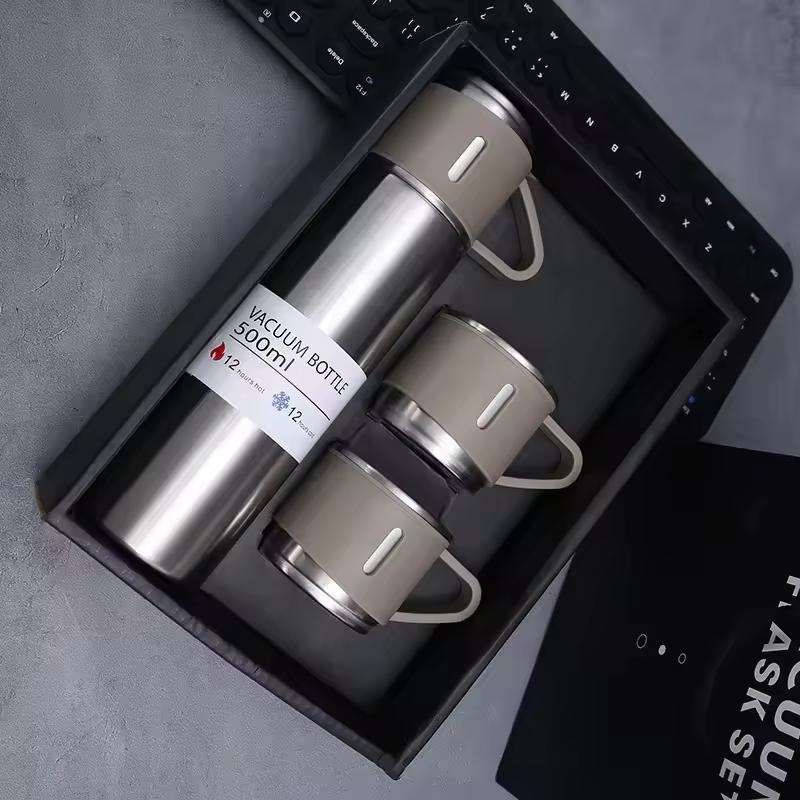 Custom 500ml Double-Wall Thermal Mug Gift Set Tea Cup 304 Stainless Steel Tumbler Water Bottle Portable Vacuum Flask with 2 Cups