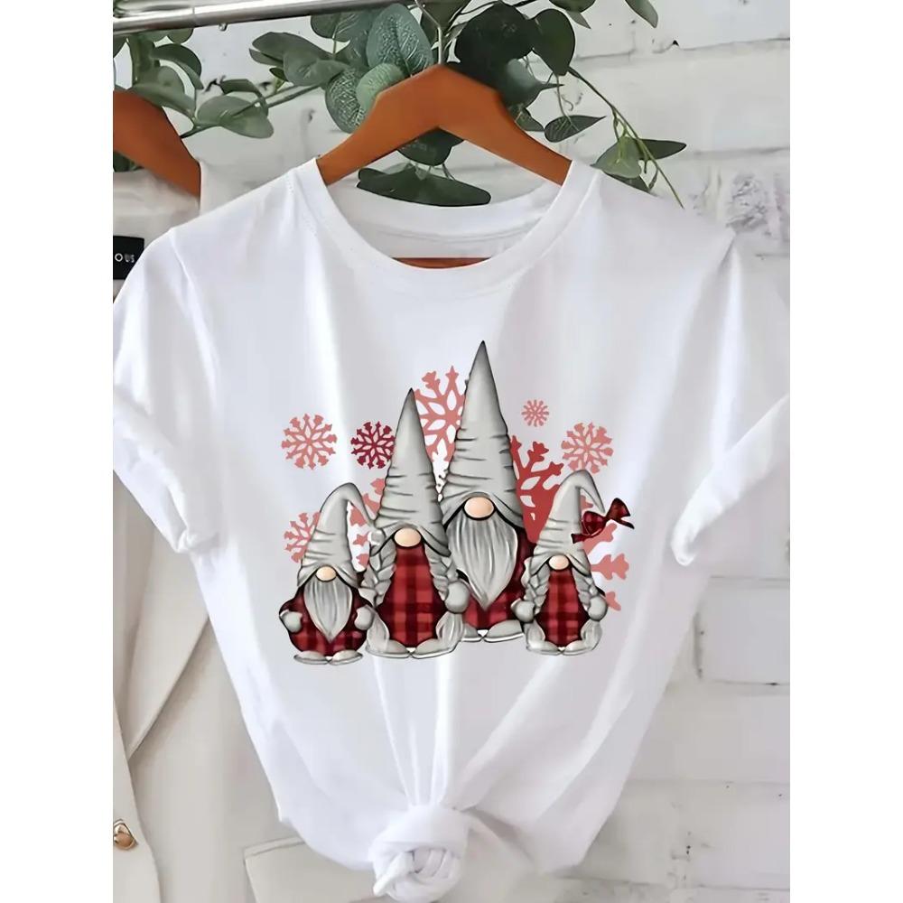 Women's Christmas Dwarf Pattern T-shirt Short Sleeve Round Neck Casual Top Washable Holiday Party Women's Clothing