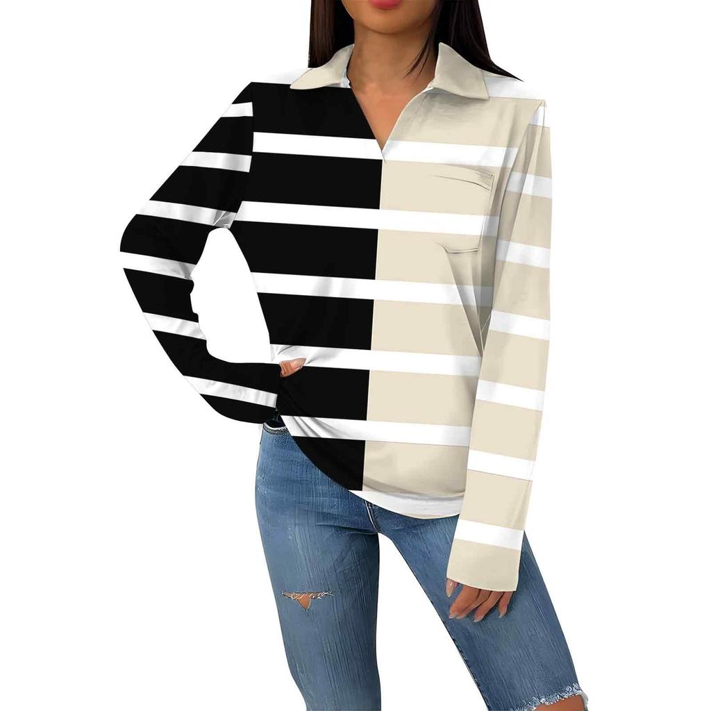 Женская модная повседневная футболка с длинным рукавом и V-образным вырезом в полоску с принтом и лацканами