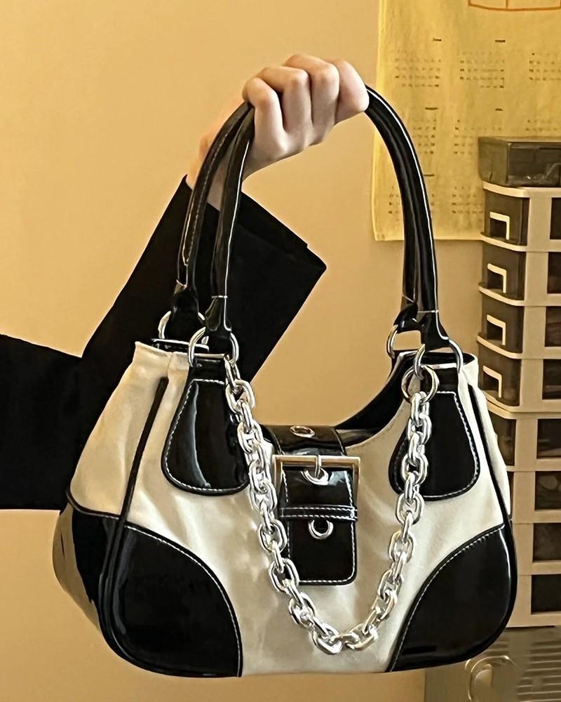 Преппи Стиль Крутая Девушка Металлическая Цепь Панк Мотоциклетная Сумка Кроссбоди На Плечо Сумка Почтальон Сплетенная Ткань Винтажная Холщовая PU Сумка