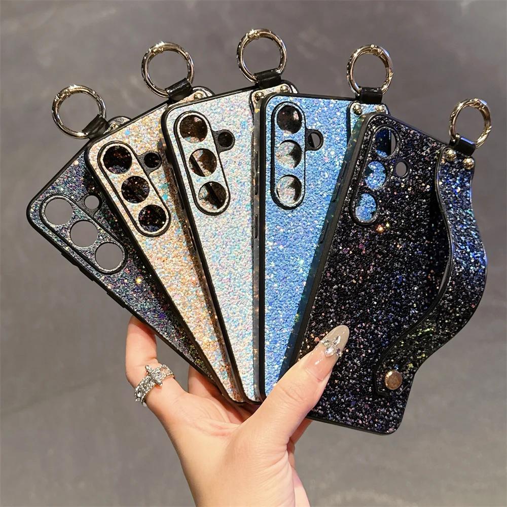 Wrist Strap Bracket Ring Phone Case for Samsung Galaxy S25 Ultra S24 S23 S22 S21 Plus Flash Diamond Leather Hard Shell Cover