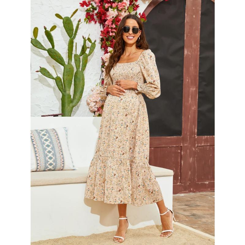 YYFS Women's Fashion Spring Fall Flower Pattern Print Long Sleeve Square Collar High Waist Casual Dresses