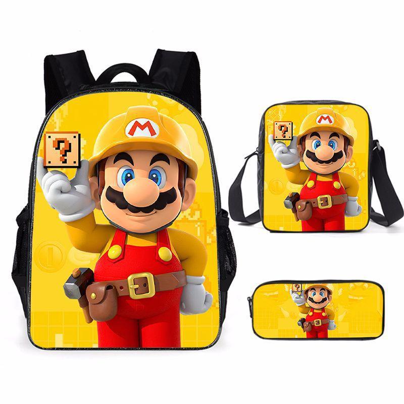 Mario Cartoon Backpack Set 3-in-1 Student Laptop Backpack Shoulder Bag Pencil Case Kids School Bag