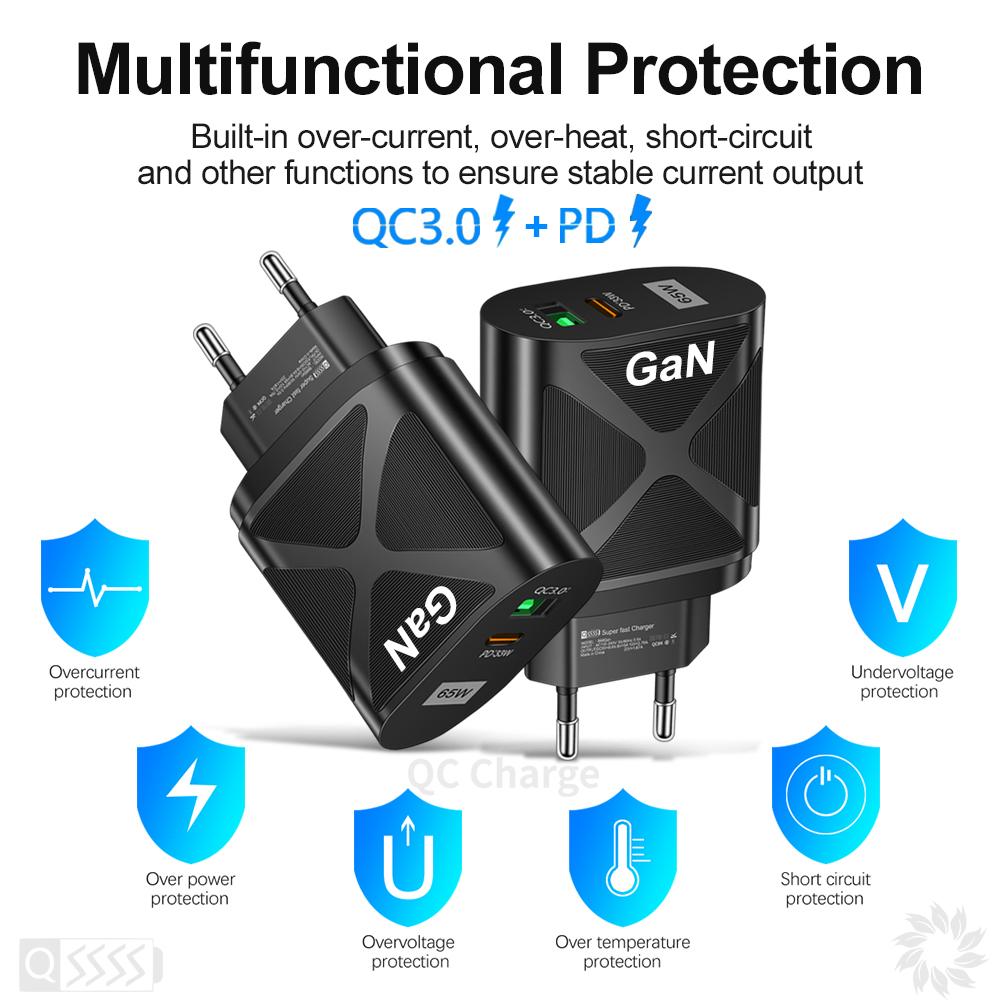 VAORLO Зарядное устройство GaN мощностью 65 Вт PD QC3.0 Быстрая зарядка Настенное зарядное устройство для быстрой зарядки Порты ЕС, Великобритании, США