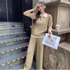 Womens Knit Polo Top Wide-Leg Pants Set 2025 Loose Fit Slimming Casual Outfit In Black Gray Camel