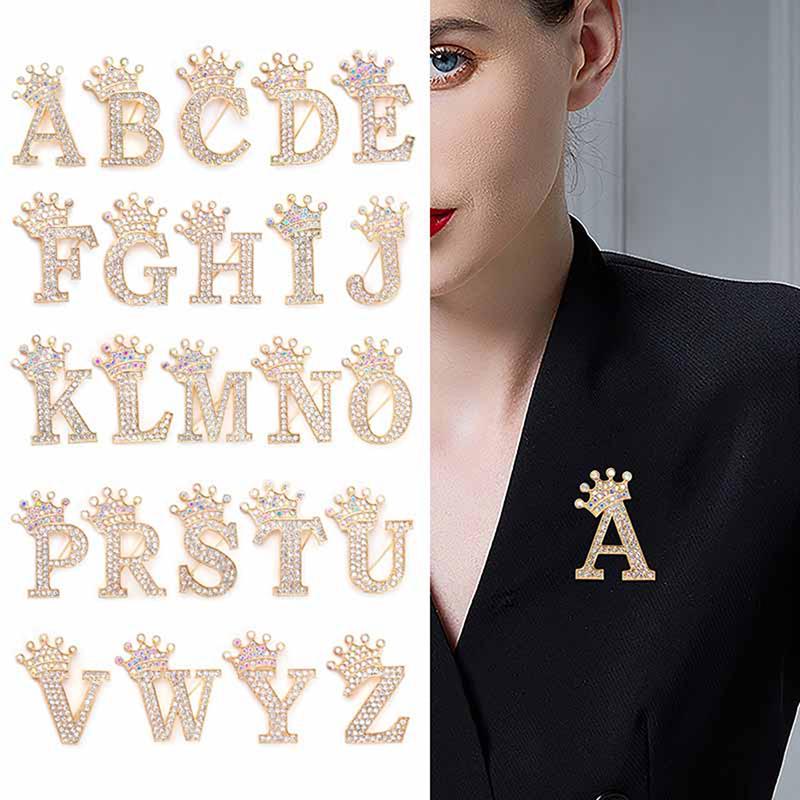 Fashion Crown 26 Initial Letters A To Z Crystal Rhinestone Brooch Pins Women