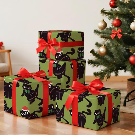 Christmas Cat Wrapping Paper 16.4 Ft Cute Black Cats Gift Wrap Roll Holiday Gift Wrap for Boys Girls Cat Lovers Christmas Party