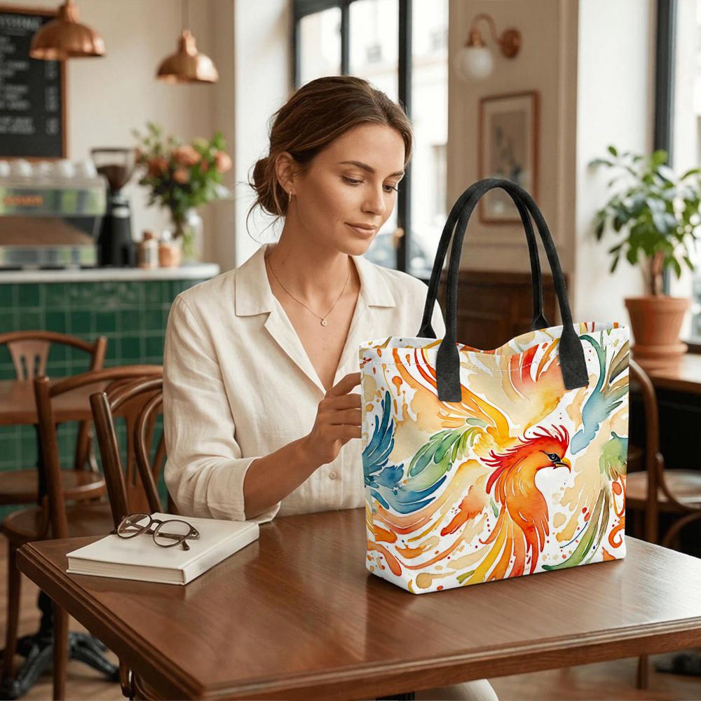 Watercolor Phoenix Pattern Tote Bag Casual Large Capacity Shoulder Handbag for Daily Use