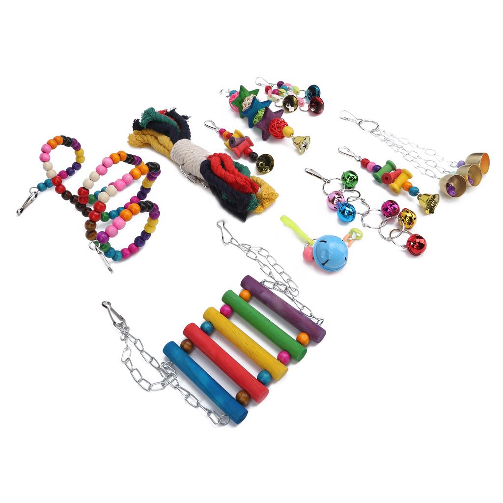 Игрушка-качалка для птиц из натурального дерева, подвесной набор игрушек для жевания окуня с колокольчиками, деревянные бусины