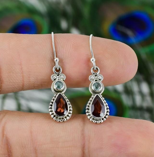 Natural Garnet & Topaz Earrings ,925 Sterling Silver Earrings , Handmade Silver Earrings ,Two Gemstone ,Teardrop, Dangle Drop Silver Earring
