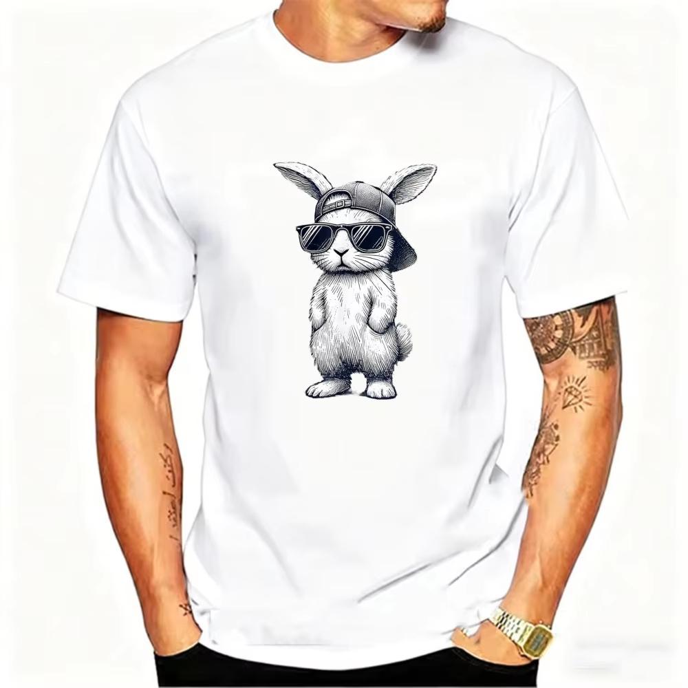 Easter Mens Cool Bunny with Baseball Cap Sunglasses Cotton TShirt Hip Hop Style Rabbit Graphic Short Sleeve Crewneck Tee