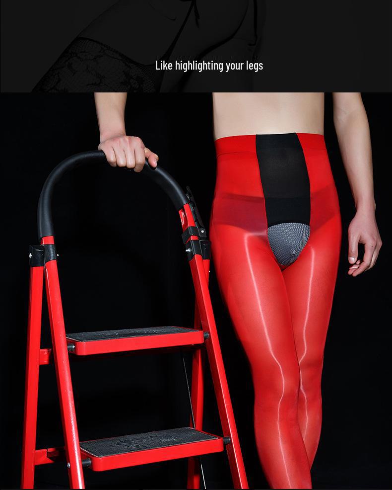 Глянцевые черные шелковые мужские ультратонкие горизонтальные открытые колготки