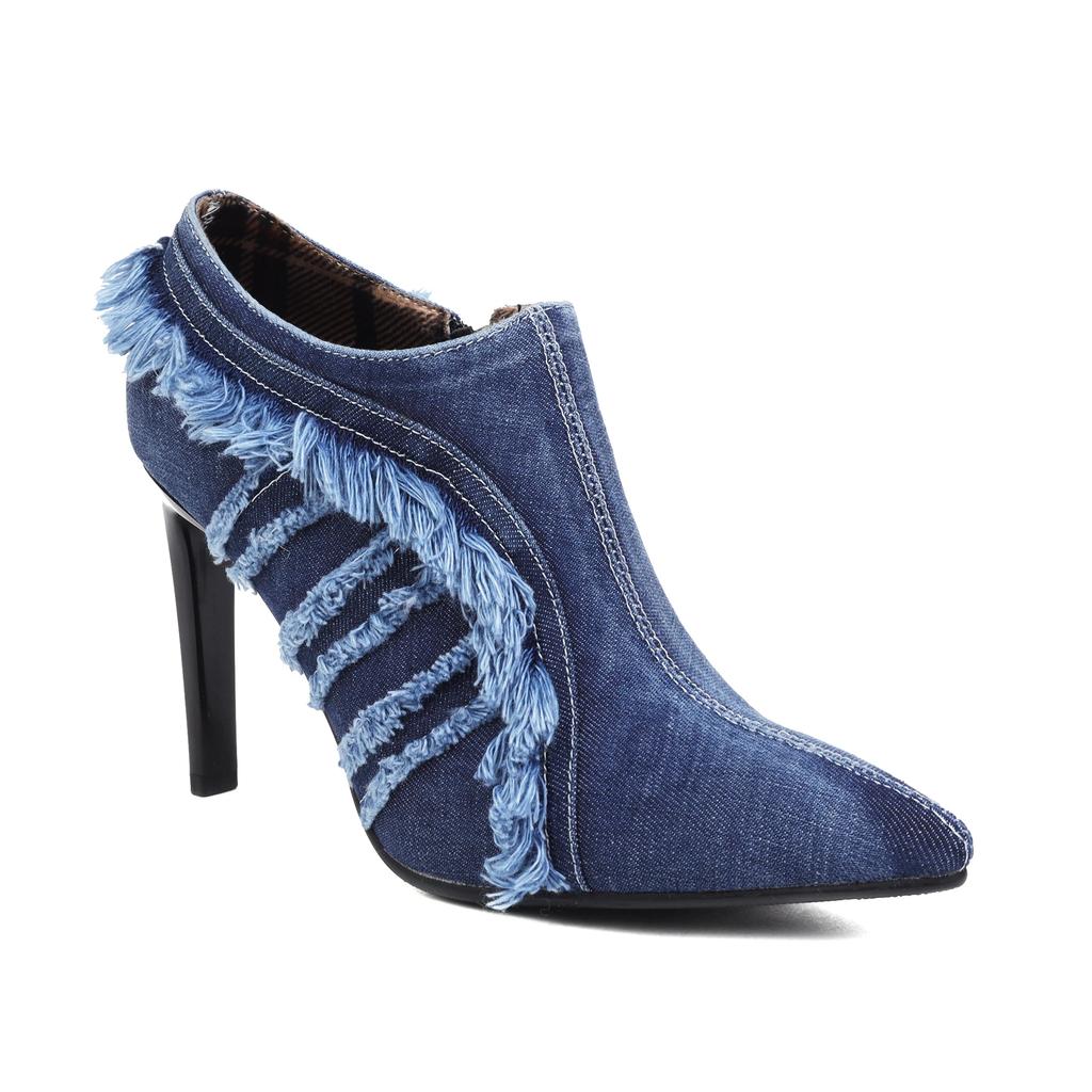 Summer Brushed Denim Ankle Boots Women Sexy High Thin Heels Pointed Toe Pumps Blue Rubbed Jean Party Dress Lady Stiletto Booties