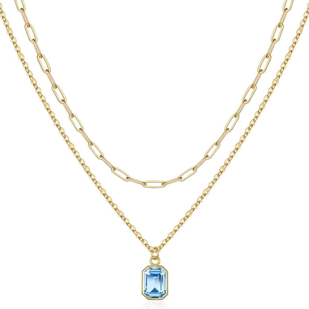 Elegant Double Layer Necklace Featuring December Birthstone And 18k Gold Plating Rectangular Design Neckchain For Women