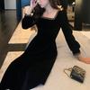 Square Neck Gold-edged Velvet Dress In Spring and Autumn New Retro Hepburn Style with Black Temperament Mid-length Skirt