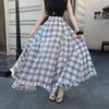 Long Vintage Check Plaid Chiffon Skirt With Asymmetric Hem For Summer Casual Women