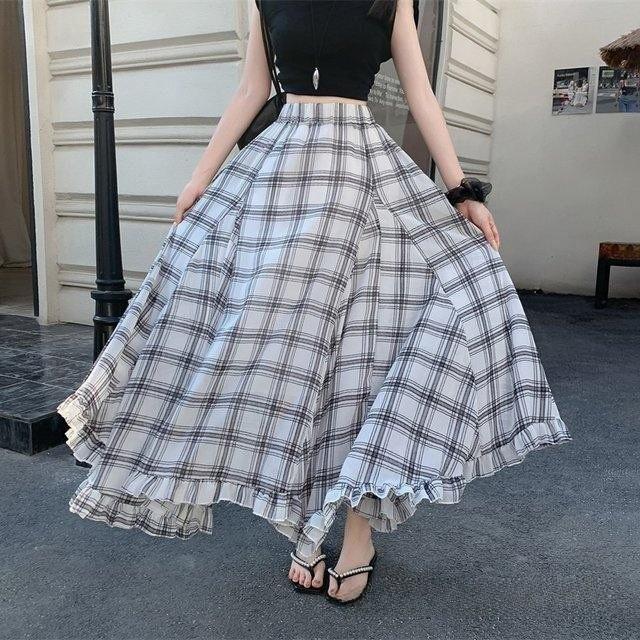 Long Vintage Check Plaid Chiffon Skirt With Asymmetric Hem For Summer Casual Women