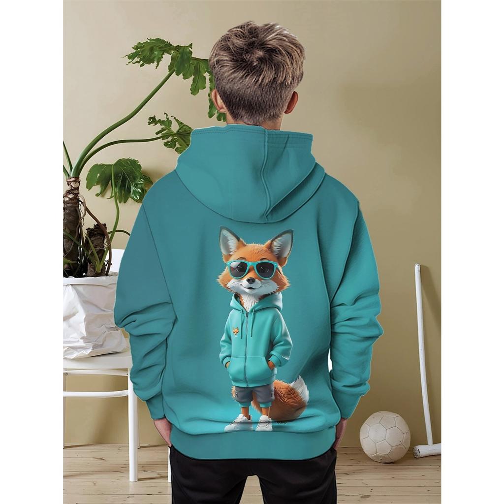 Boys' Hoodie - Green and Green Cool Fox with Fashion Glasses Pattern - Lightweight Daily and Formal Dress Up Hoodie