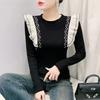 Spring Autumn Women's Black Clothes T-Shirt Sexy O-Neck Beading Pearls Tees Elegant Female Ruffles Long Sleeve Brand Tops