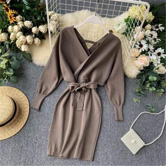 Stylish New Autumn Winter Bag Hip Sweater Dress Female Chic V-neck Bandage Dresses Sexy Women
