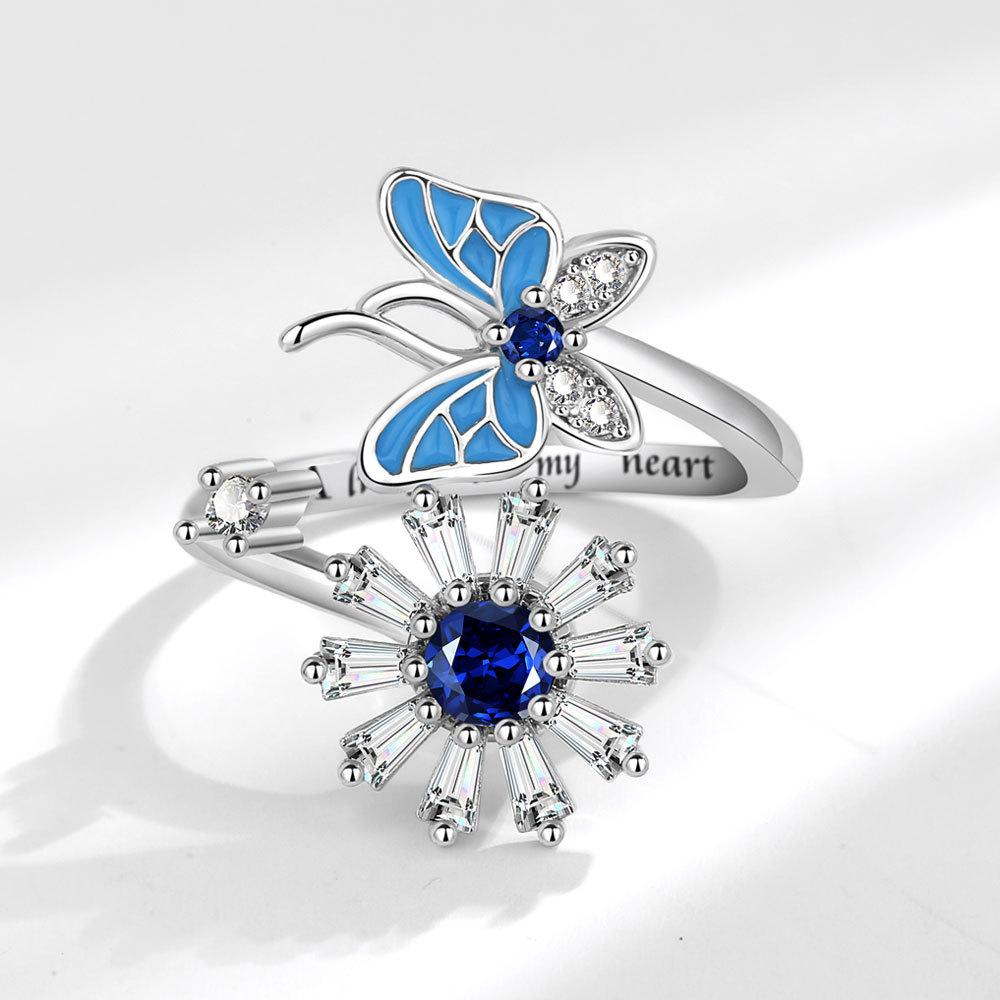 Butterfly Snowflake Enamel Spinner Ring For Women Adjustable Open Anxiety Relief Band Unique Stackable Jewelry Set