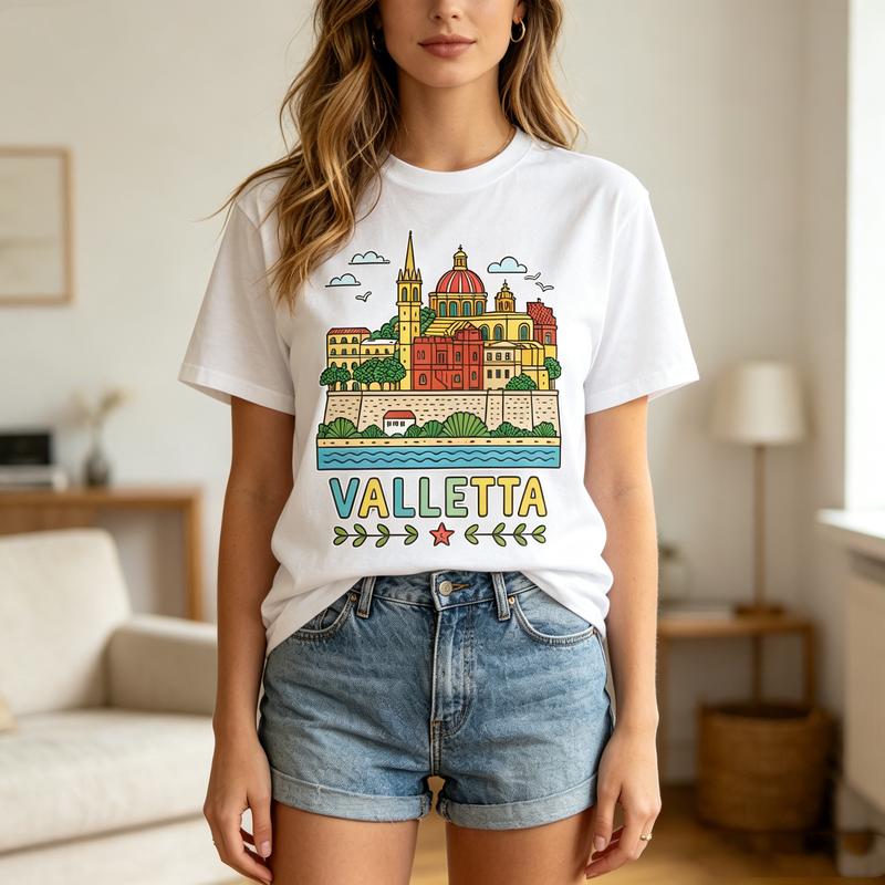 Valletta City Landscape Graphic T Shirt Travel Souvenir Badge Print Unisex Soft Cotton Crew Neck Short Sleeve Casual Tops
