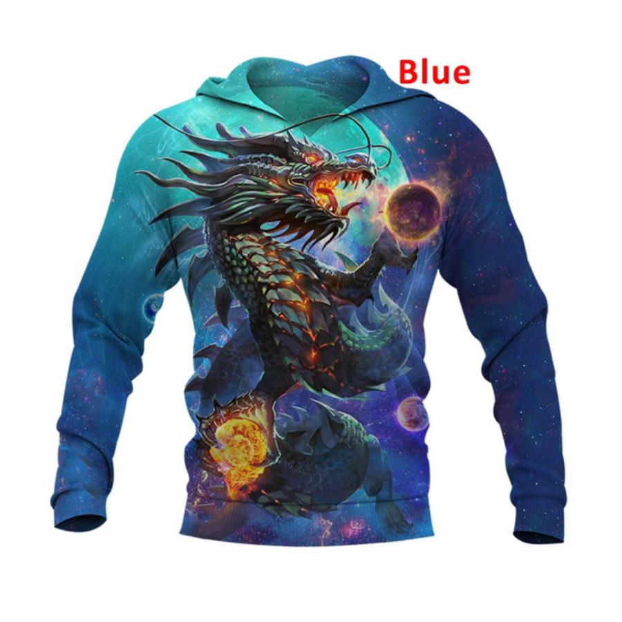 2021 Autumn and Winter Men's Fashion Casual Sweatshirt 3D Printing Dragon Hoodie Fire Dragon Skull Cap Pocket Pullover Sweater XS-5XL