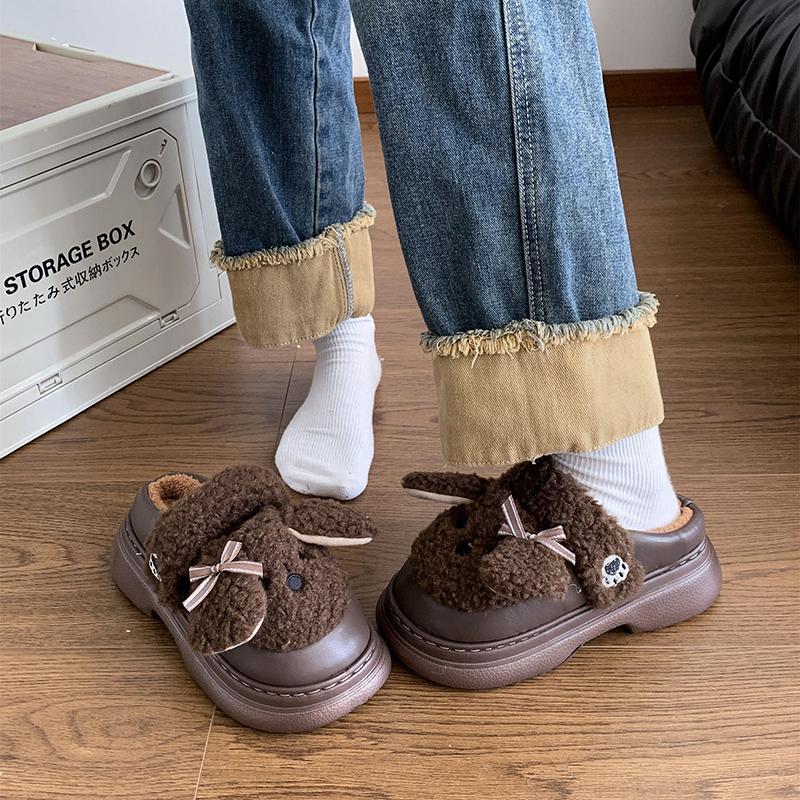 Fashion Cute Short Plush Cartoon Puppy Indoor Slippers Women Winter Warm Faux Fur Cotton Slides Comfort Thick Bottom Bedroom Slippers