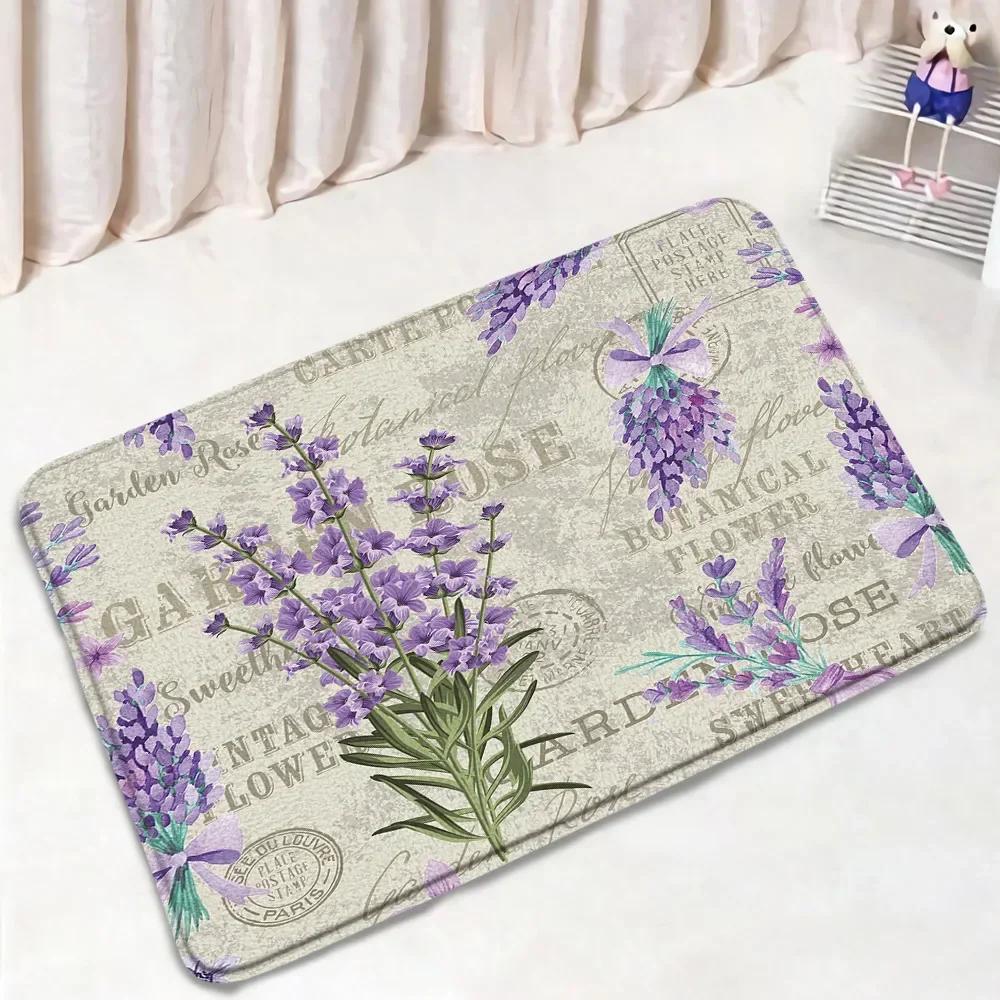 Purple Lavender Bath Mat Set Nature Flowers Plants Butterfly Modern Home Carpet Bathroom Decor Non-Slip Rugs Toilet Lid Cover