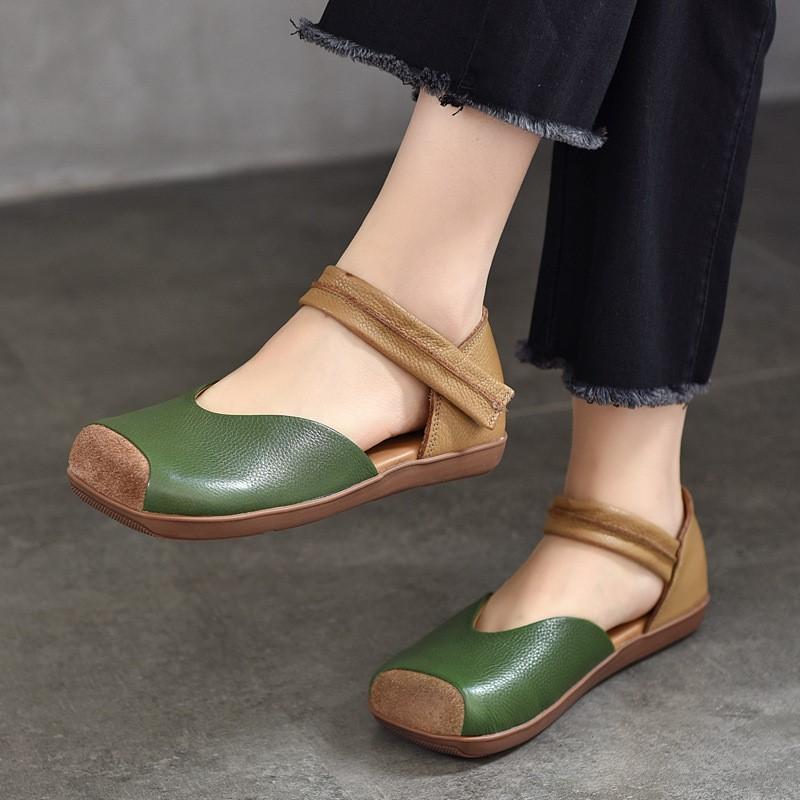 Johnature Mixed Colors Genuine Leather Sandals Retro Square Toe Soft Sole Versatile Women's Flat Shoes