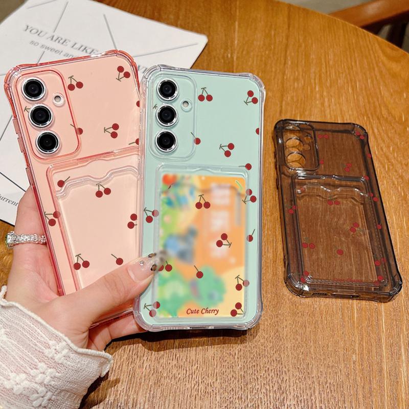 Силиконовый чехол с прозрачным слотом для карт и узором в виде маленькой вишни для Xiaomi 14T 13T Pro Poco F6 Pro X6 C65 Redmi Note 13 12 Pro 11, тонкий и мягкий противоударный чехол для телефона