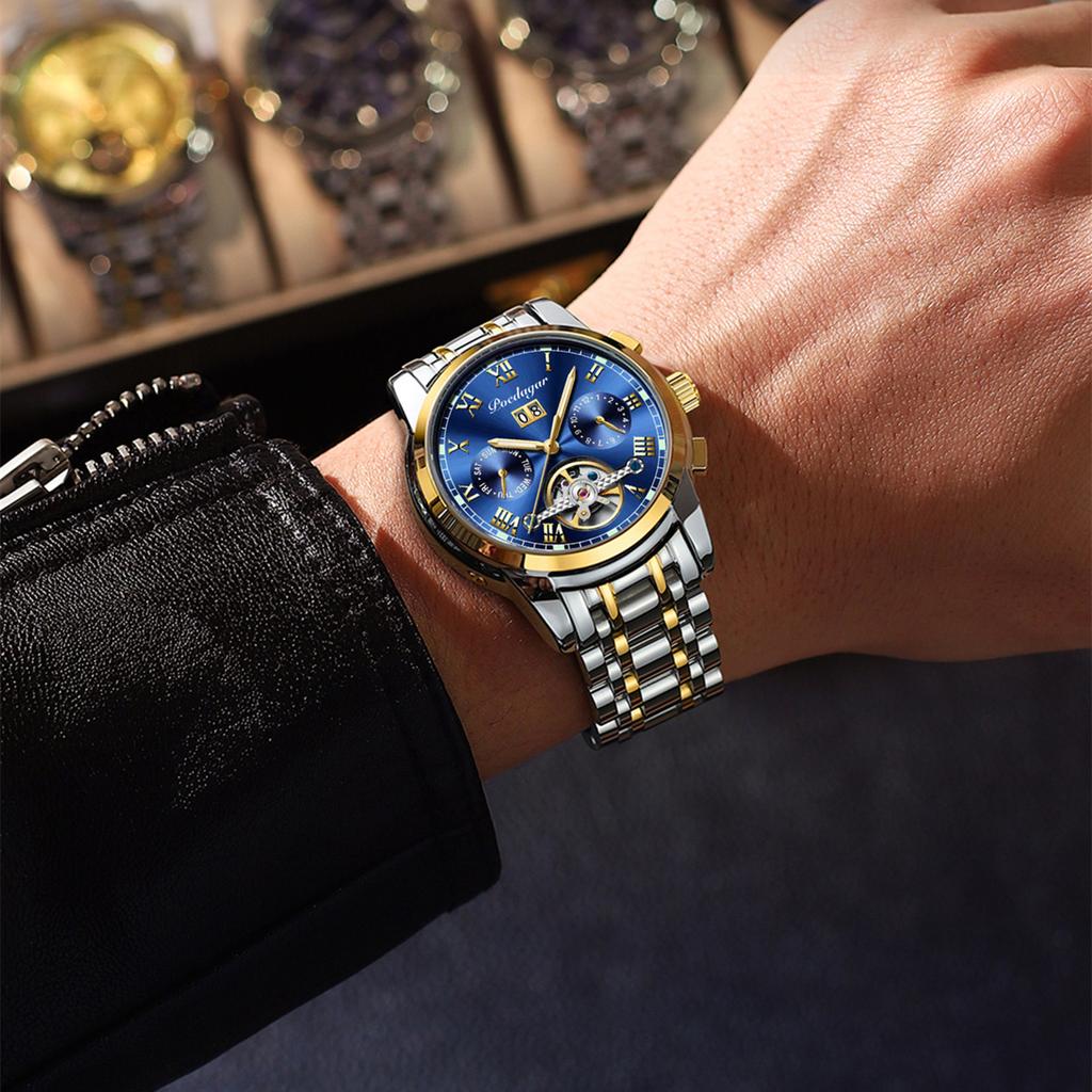 POEDAGAR Новые роскошные мужские часы ТОП-бренда с коробкой, автоматические водонепроницаемые полые многофункциональные светящиеся мужские механические часы