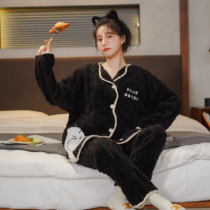 Коралловый флис утолщенная пижама женская осень-зима плюшевая с добавлением милого розового фланелевого комплекта домашней одежды для девочек повседневная ночная одежда