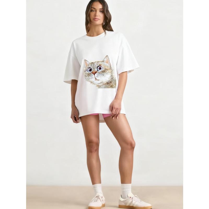 Футболка оверсайз с принтом морды черного кота, повседневная одежда для женщин