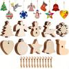 10/100Pcs Christmas Unfinished Wooden Snowflake Elk Ornaments Hanging Cutouts Blank Wood Slices with Cord Craft Embellishments