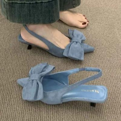 Женские босоножки с бантом, элегантные туфли на среднем каблуке с острым носком, сексуальные шлепанцы с ремешком на пятке, летние туфли-лодочки 2025, модные, роскошные сандалии для женщин