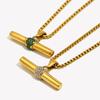 Green Crystal Rhinestone T Bar Pendant Square Pearl Chain Stainless Steel Gold Plated Necklace Christmas Jewelry