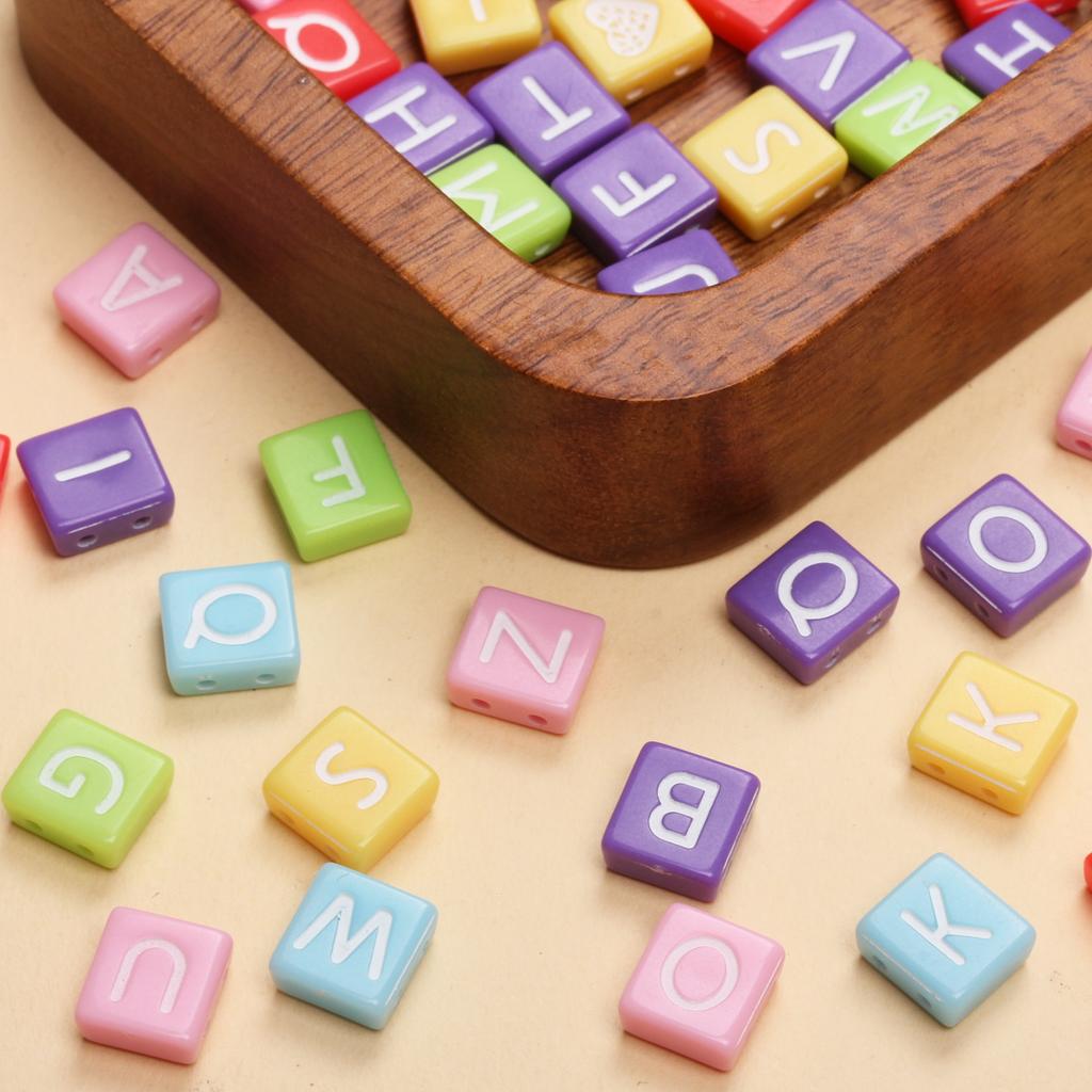 40Pcs 9*7mm Mixed Color Acrylic Flat Square Double Hole Letter Beads DIY Handmade Bracelet Necklace