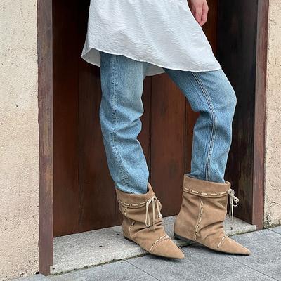 Осень 2025 Замшевые кожаные плиссированные ботильоны женские с острым носком слипоны западные ковбойские ботинки короткие челси ботильоны женские