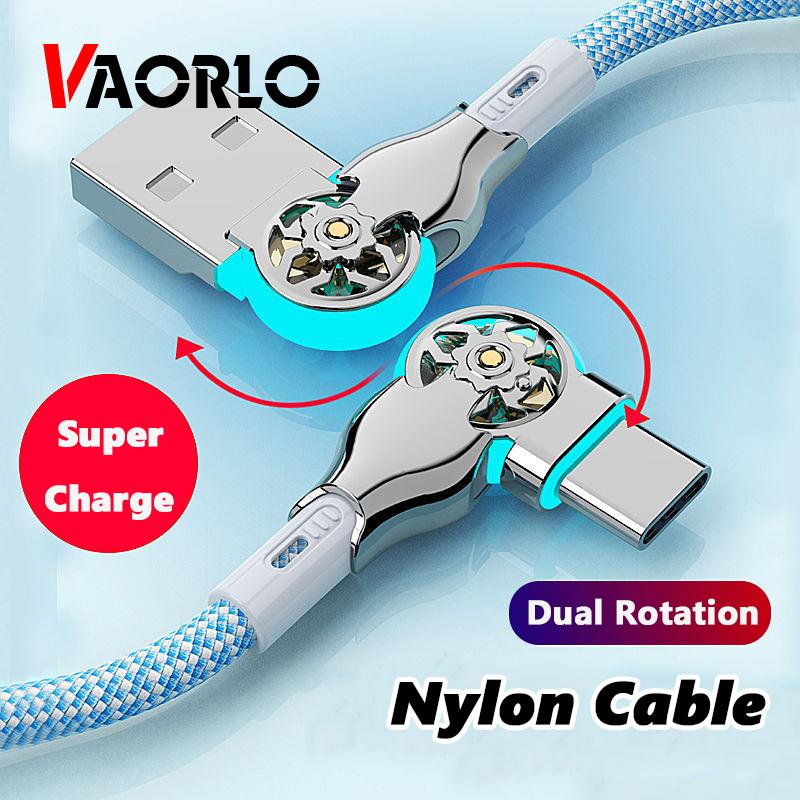 VAORLO Вращение на 180°, зарядный кабель Type-C, Super Chager, USB к Type-C, вращение с двумя портами для Xiaomi Huawei, нейлоновая линия Super Charge